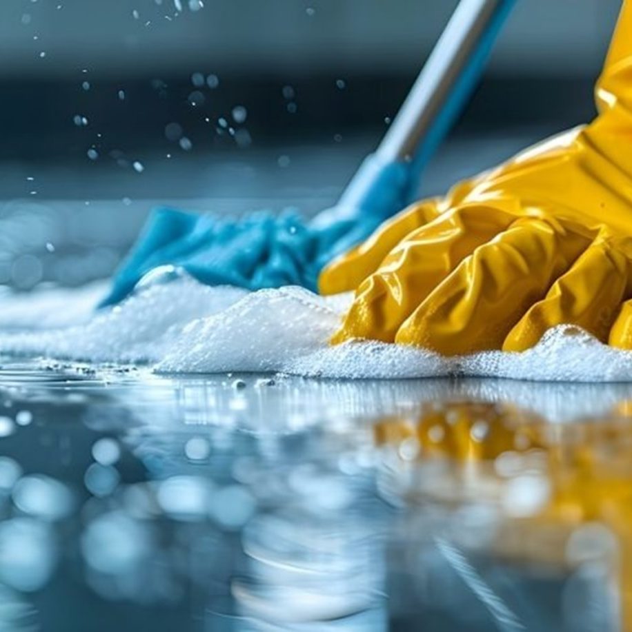 A person in yellow gloves and blue gloves cleaning a floor